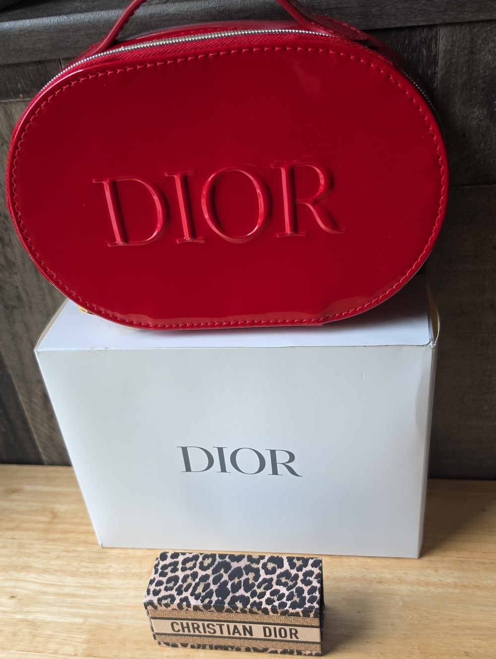 Dior Red Patent Oval Embossed Logo Cosmetic Case